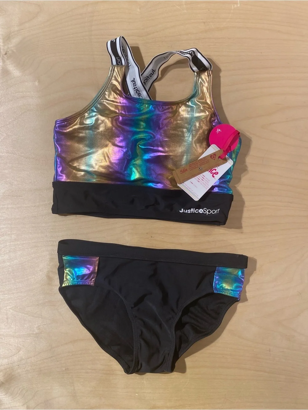 Justice Sport Girls' Holographic Gold Rainbow Sports Bra & Bikini Set XL (RF)